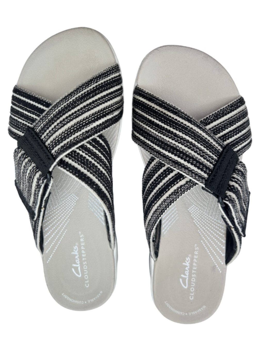 Clarks Cloudsteppers Black and White Crisscross Slide Sandals - Picture 2 of 4